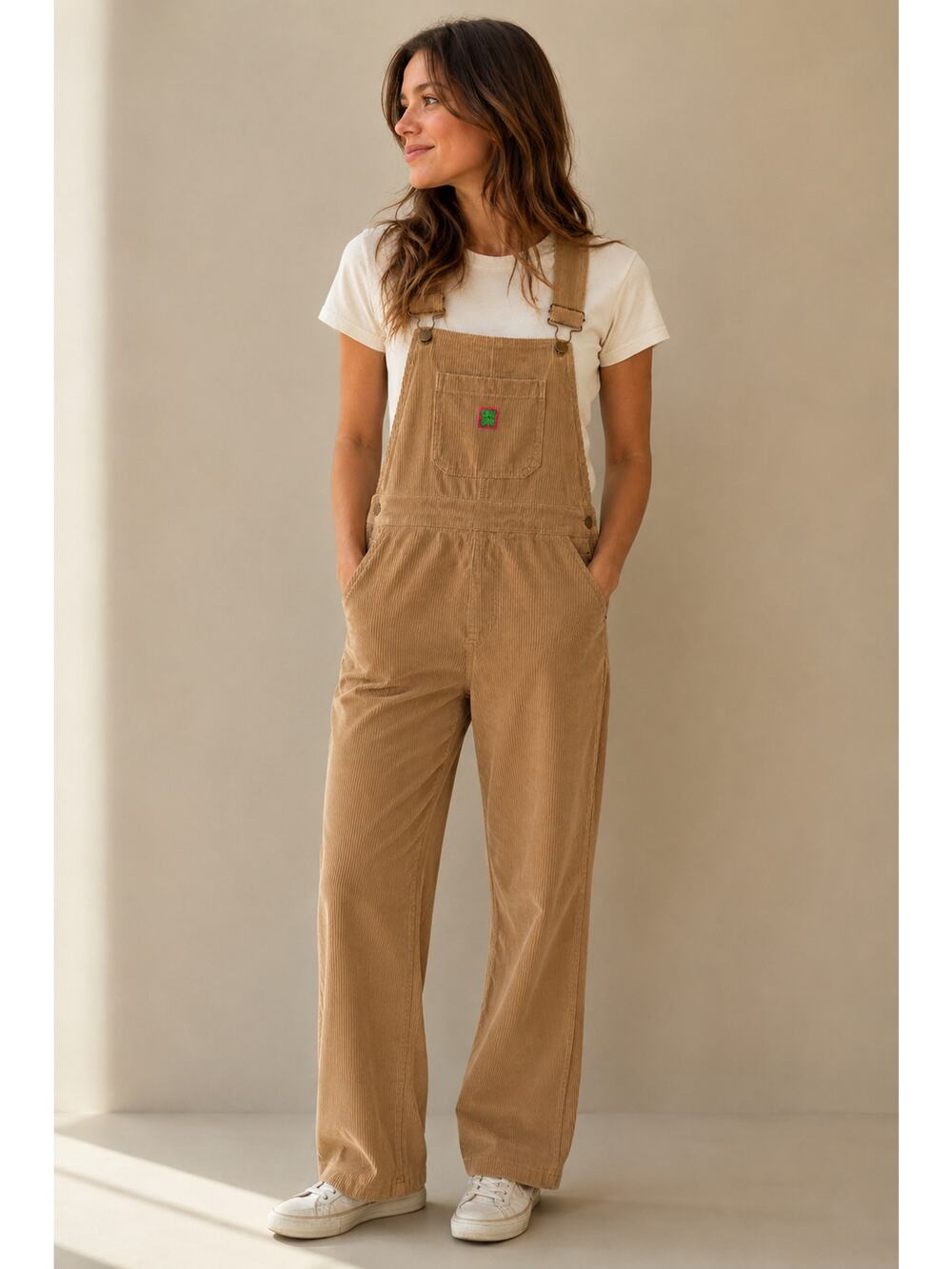 LRR290 Gnar Girl Corduroy Overalls Size Small Tan Wide Leg Adjustable Straps